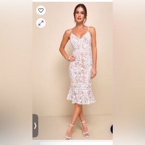 Alluring Love White and Beige Lace Trumpet Hem Midi Dress